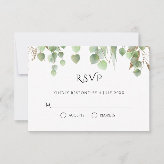 Watercolor Eucalyptus Leaves Gold Foliage Wedding RSVP Card (Front)