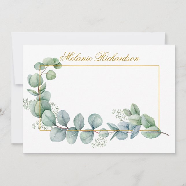 Watercolor Eucalyptus Leaves Gold Frame Card (Front)