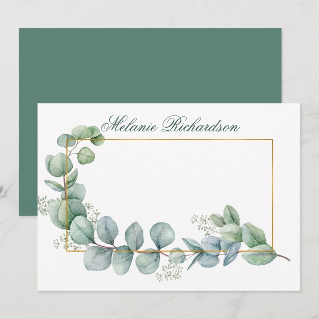Watercolor Eucalyptus Leaves Green Gold Frame Card (Front/Back)