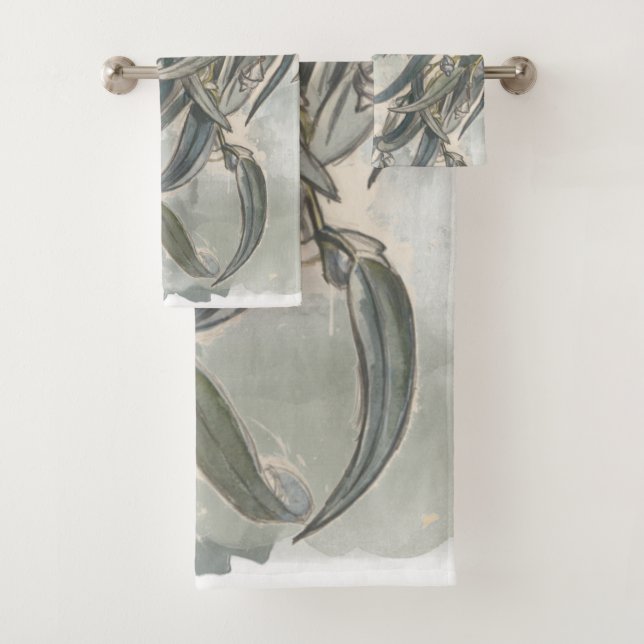 Watercolor Eucalyptus Leaves Greenery Bath Towel Set (Insitu)