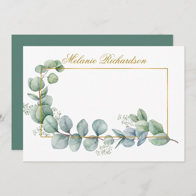 Watercolor Eucalyptus Leaves Greenery Gold Frame Card (Front/Back)