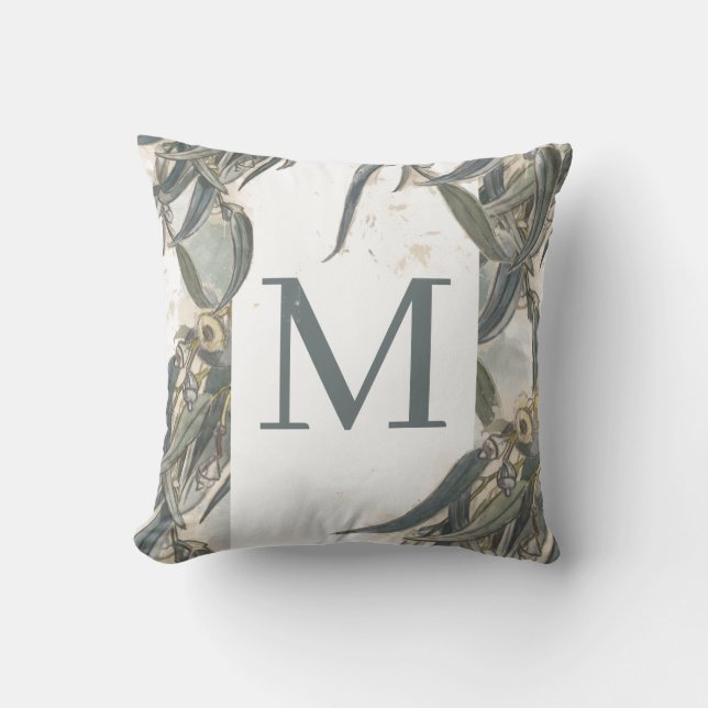Watercolor Eucalyptus Leaves Greenery Monogram  Cushion (Front)