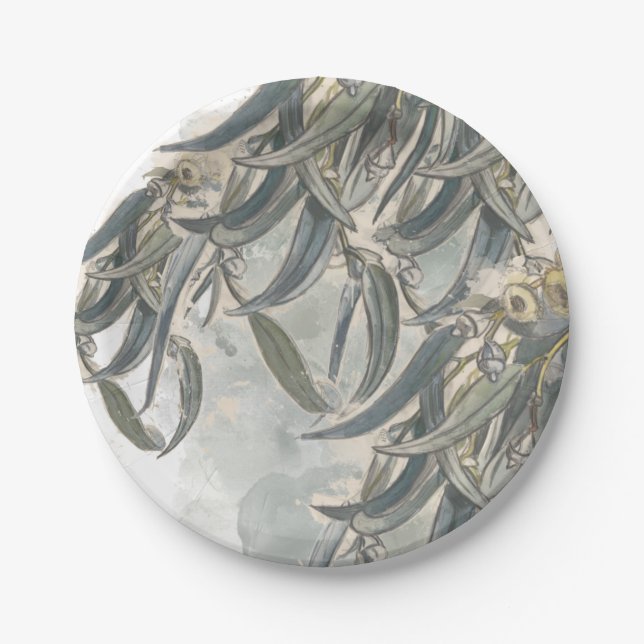 Watercolor Eucalyptus Leaves Greenery  Paper Plate (Front)