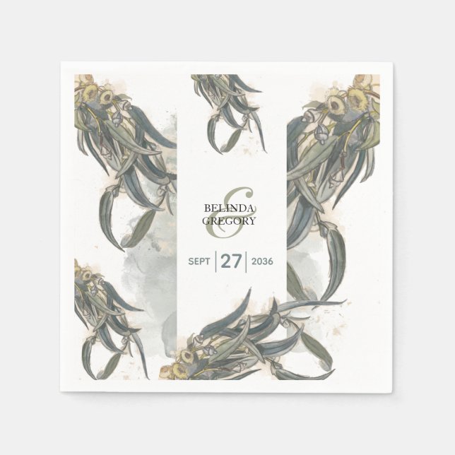 Watercolor Eucalyptus Leaves Greenery Wedding Napkin (Front)