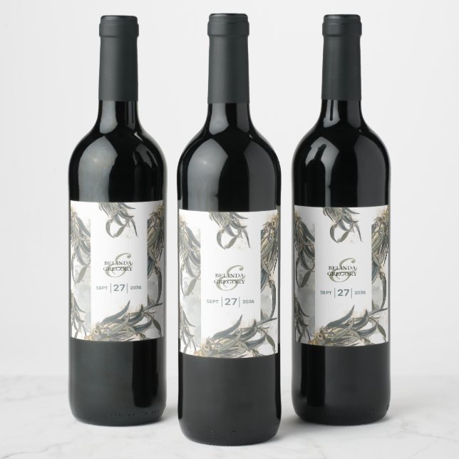 Watercolor Eucalyptus Leaves Greenery Wedding Wine Label (Bottles)