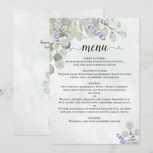 Watercolor Eucalyptus Leaves & Lavender Wedding Menu (Front/Back)