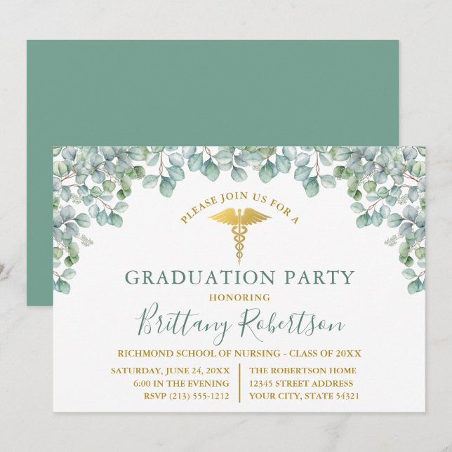 Watercolor Eucalyptus Leaves Medical Grad Party Invitation (Front/Back)