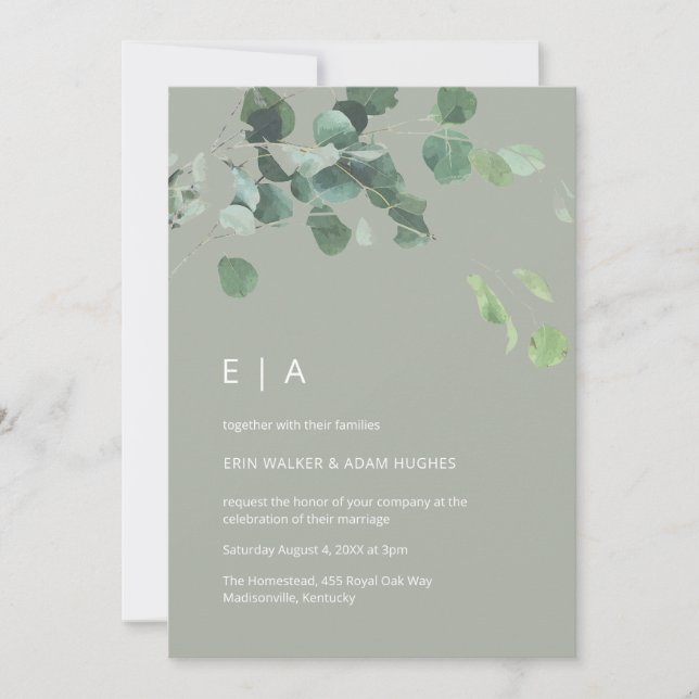 Watercolor eucalyptus leaves modern green wedding invitation (Front)