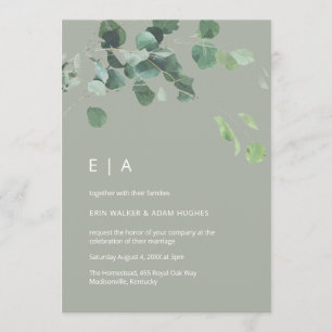 Watercolor eucalyptus leaves modern green wedding invitation