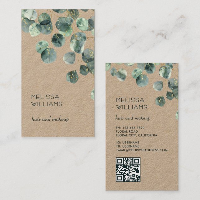 Watercolor Eucalyptus Leaves | Qr Code Rustic Business Card (Front/Back)