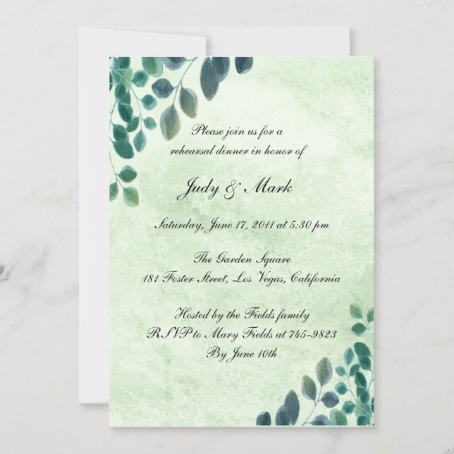Watercolor Eucalyptus Leaves Rehearsal Dinner Invitation (Front)