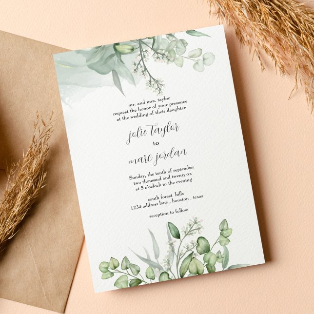 Watercolor Eucalyptus Leaves script Wedding Invitation (Creator Uploaded)