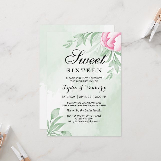 Watercolor Eucalyptus Leaves Sweet 16 Birthday Invitation (Front/Back In Situ)