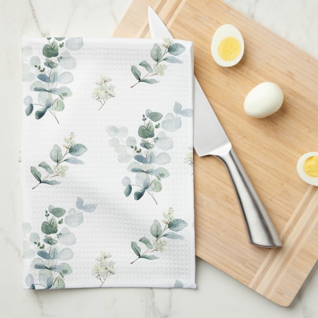 Watercolor eucalyptus leaves  tea towel (Quarter Fold)