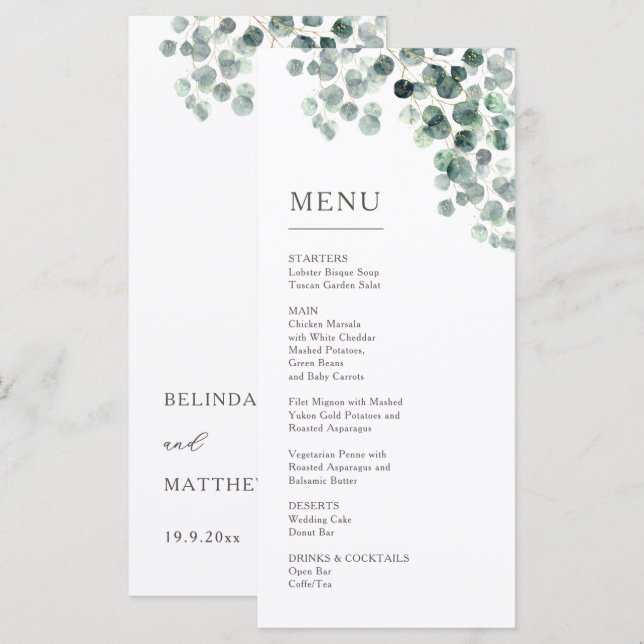 Watercolor Eucalyptus Leaves Wedding Menu (Front/Back)