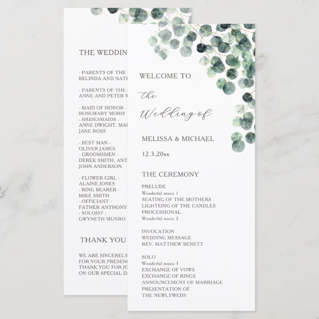 Watercolor Eucalyptus Leaves Wedding Programme (Front/Back)