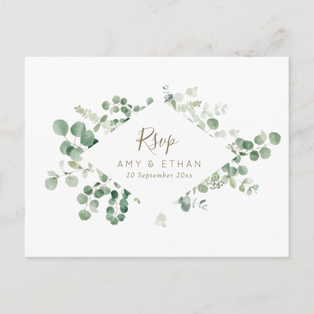 Watercolor eucalyptus leaves wedding RSVP Postcard (Front)