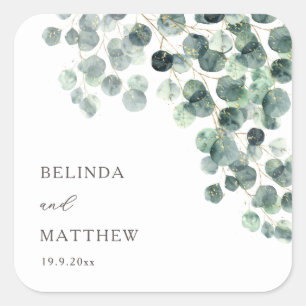 Watercolor Eucalyptus Leaves Wedding Square Sticker