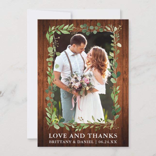 Watercolor Eucalyptus Love Thanks Wedding Wood Thank You Card (Front)