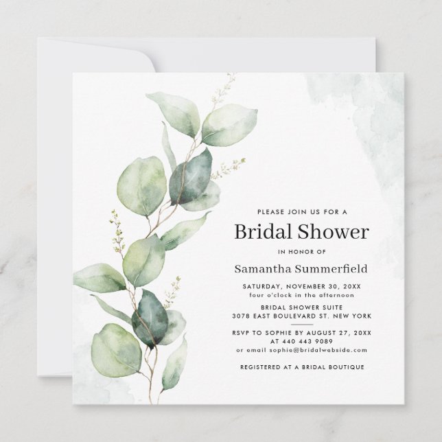 Watercolor Eucalyptus Minimalist Bridal Shower Invitation (Front)