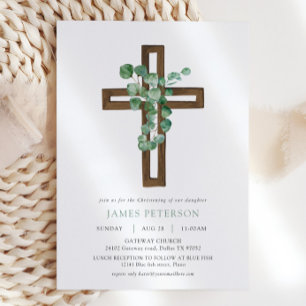 Watercolor Eucalyptus Modern Cross Christening Invitation