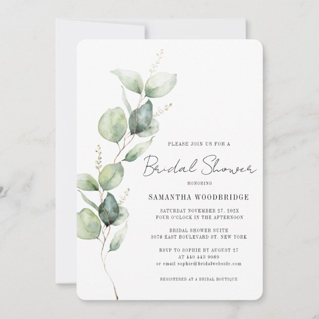Watercolor Eucalyptus Modern Script Bridal Shower Invitation (Front)