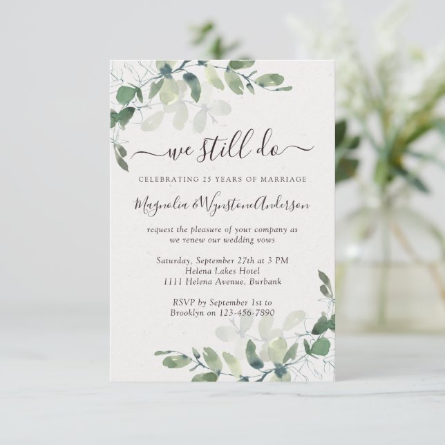 Watercolor Eucalyptus Modern Vow Renewal Invitation (Standing Front)