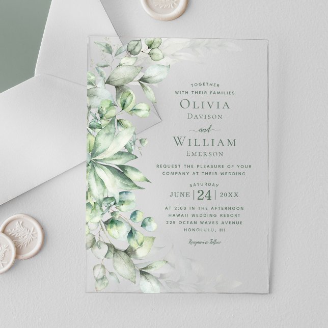 Watercolor Eucalyptus Monogram Sage Green Wedding Acrylic Invitations (Creator Uploaded)