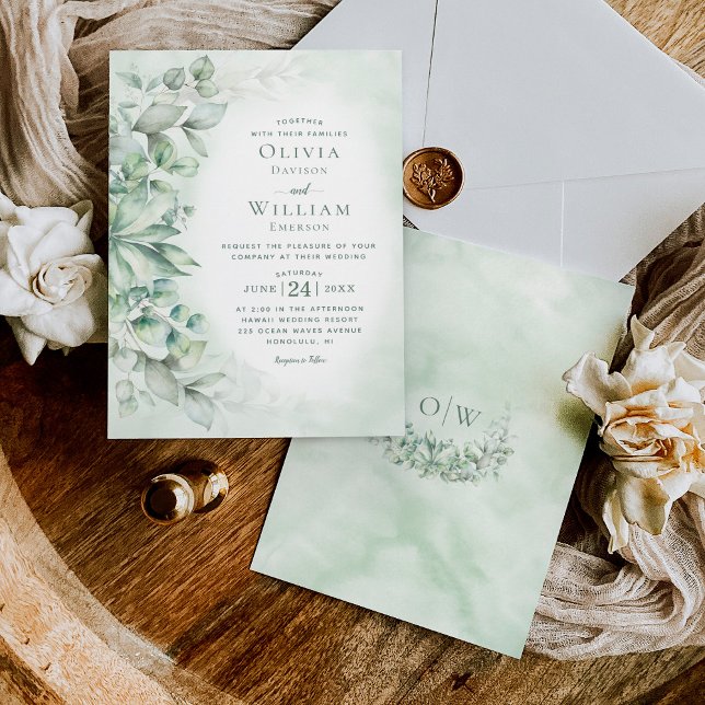 Watercolor Eucalyptus Monogram Sage Green Wedding Invitation (Creator Uploaded)