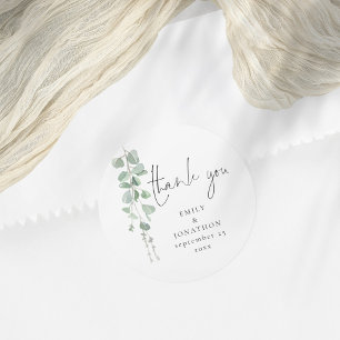 Watercolor Eucalyptus Names Date Thank You Wedding Classic Round Sticker