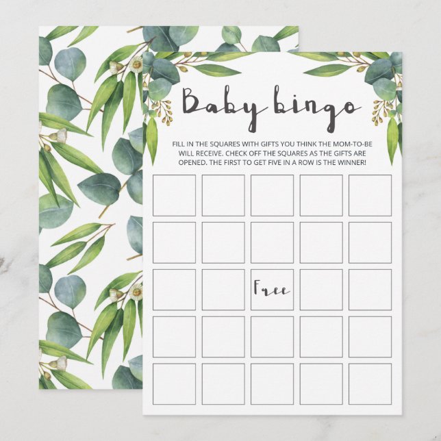 Watercolor Eucalyptus Neutral Baby Bingo Cards (Front/Back)