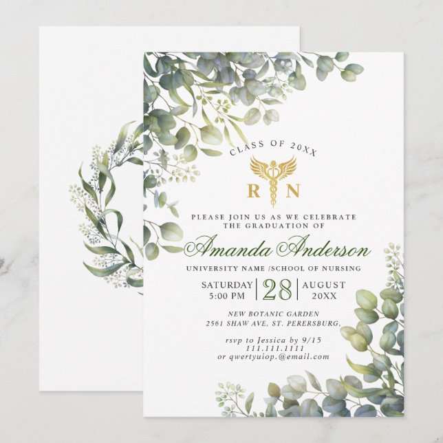 Watercolor Eucalyptus Nursing School Graduation Invitation (Front/Back)