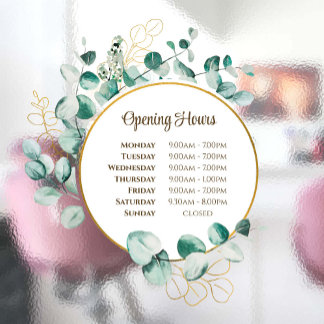 Watercolor Eucalyptus Opening Hours Window Cling