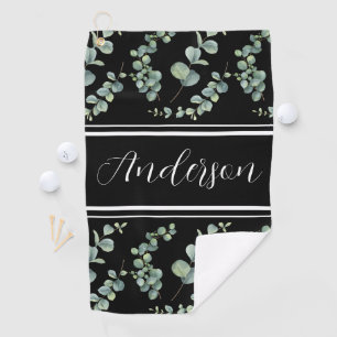 Watercolor Eucalyptus Pattern and White Monogram Golf Towel