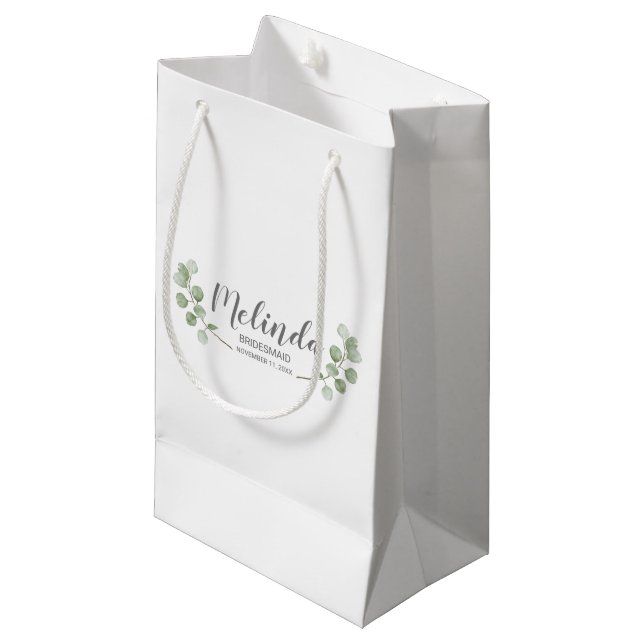 Watercolor Eucalyptus Personalised Bridesmaid Name Small Gift Bag (Front Angled)