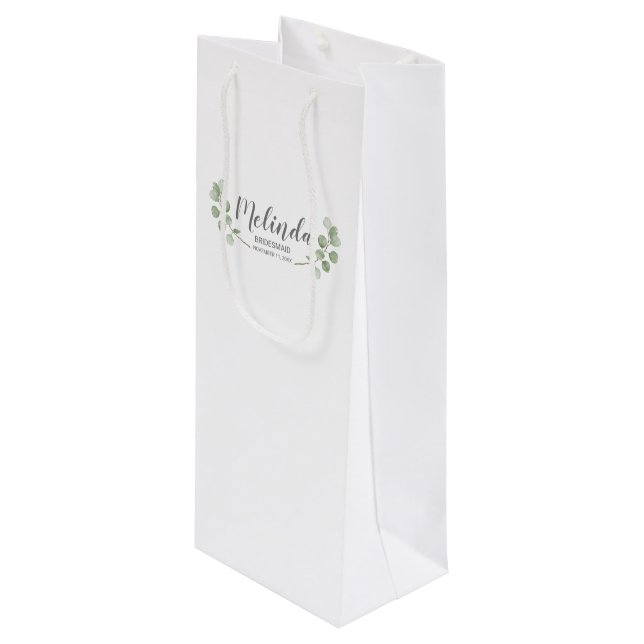 Watercolor Eucalyptus Personalised Bridesmaid Name Wine Gift Bag (Front Angled)