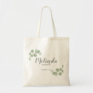 Watercolor Eucalyptus Personalized Bridesmaid Name Tote Bag