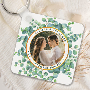 Watercolor Eucalyptus Photo Greenery Wedding Key Ring