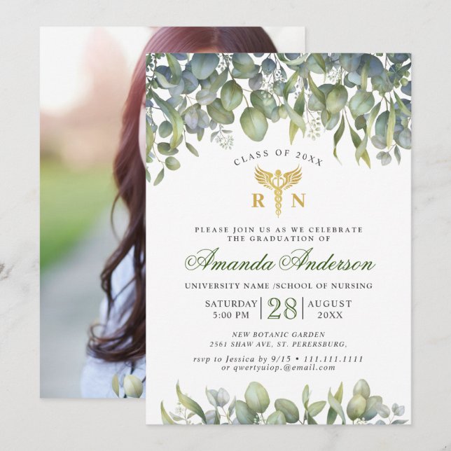 Watercolor Eucalyptus PHOTO Nursing Graduation Invitation (Front/Back)