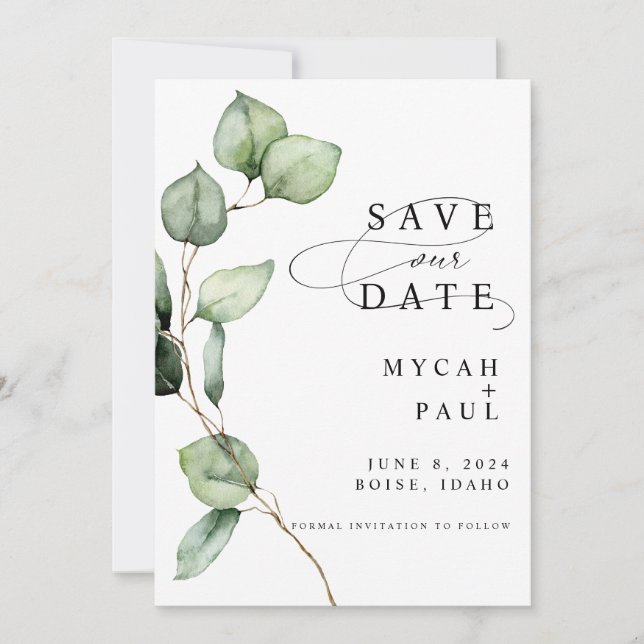 Watercolor Eucalyptus Photo Save the Date Card (Front)