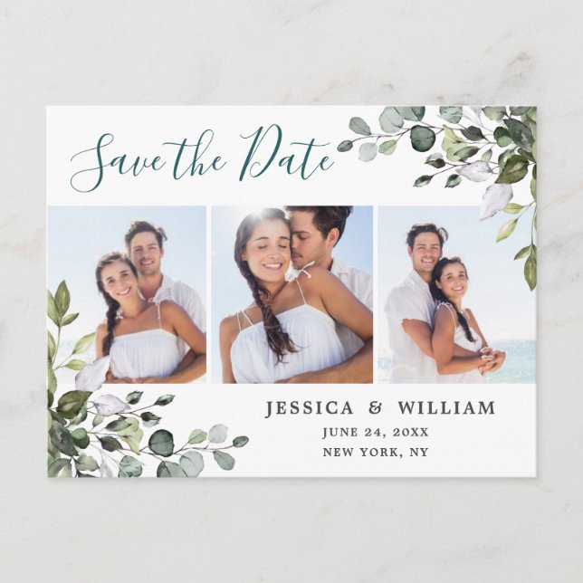 Watercolor Eucalyptus PHOTO Wedding Save the Date Announcement Postcard (Front)