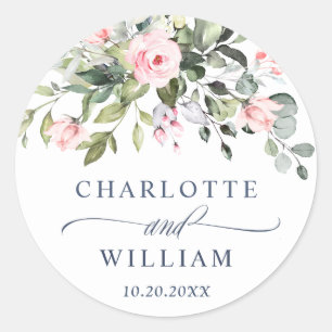 Watercolor Eucalyptus Pink Roses Wedding Thank You Classic Round Sticker