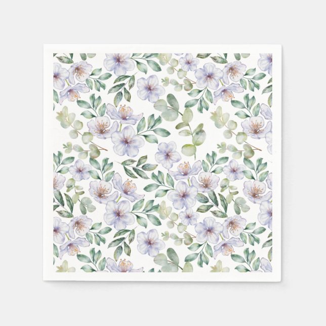 Watercolor Eucalyptus & Purple Flower Pattern  Napkin (Front)