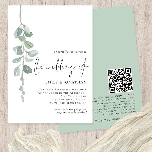 Watercolor Eucalyptus QR Code Sage Wedding Invitation (Creator Uploaded)