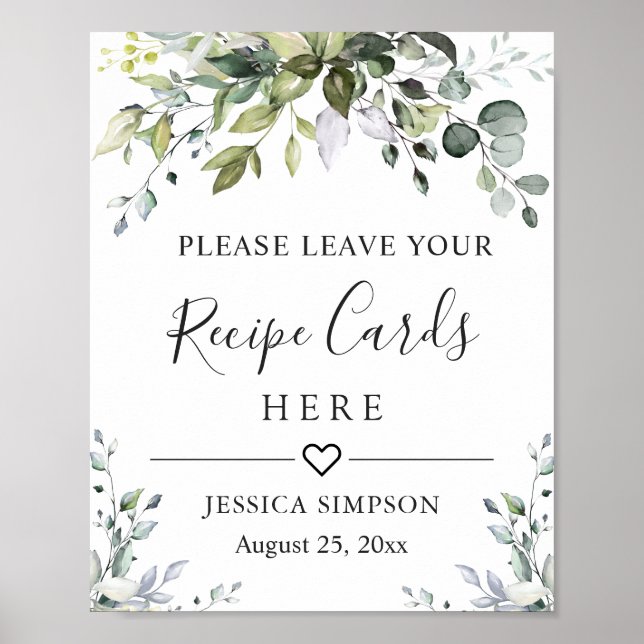 Watercolor Eucalyptus Recipe Cards Bridal Shower Poster (Front)