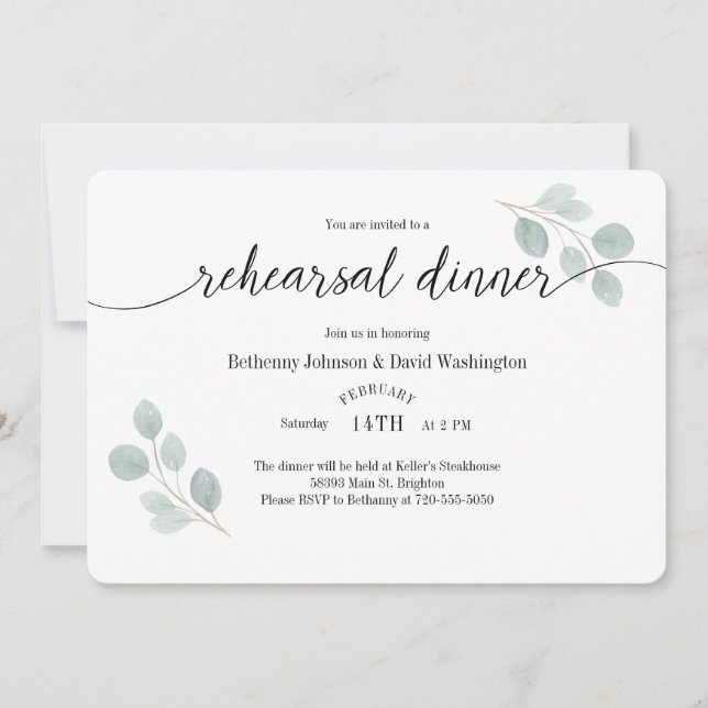 Watercolor Eucalyptus Rehearsal Dinner Invitation (Front)
