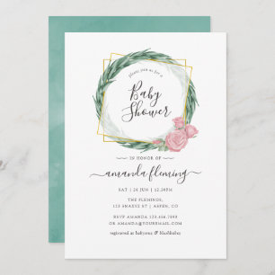Watercolor Eucalyptus Rose Geometric Baby Shower Invitation
