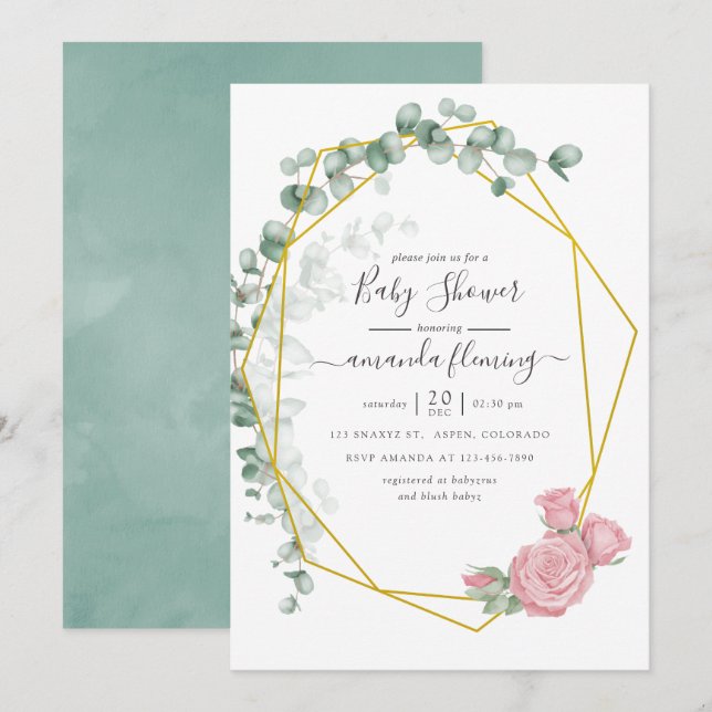 Watercolor Eucalyptus Rose Geometric Baby Shower Invitation (Front/Back)