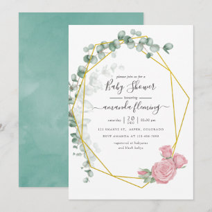 Watercolor Eucalyptus Rose Geometric Baby Shower Invitation