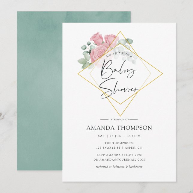 Watercolor Eucalyptus Rose Geometric Baby Shower Invitation (Front/Back)